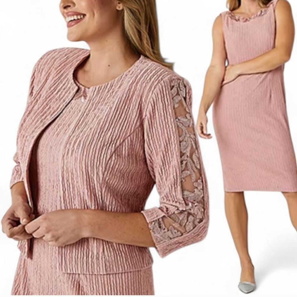 NWT Maya Brooke 2 Piece Set Dress Jacket Rose Gold Crinkle Lace Size 10